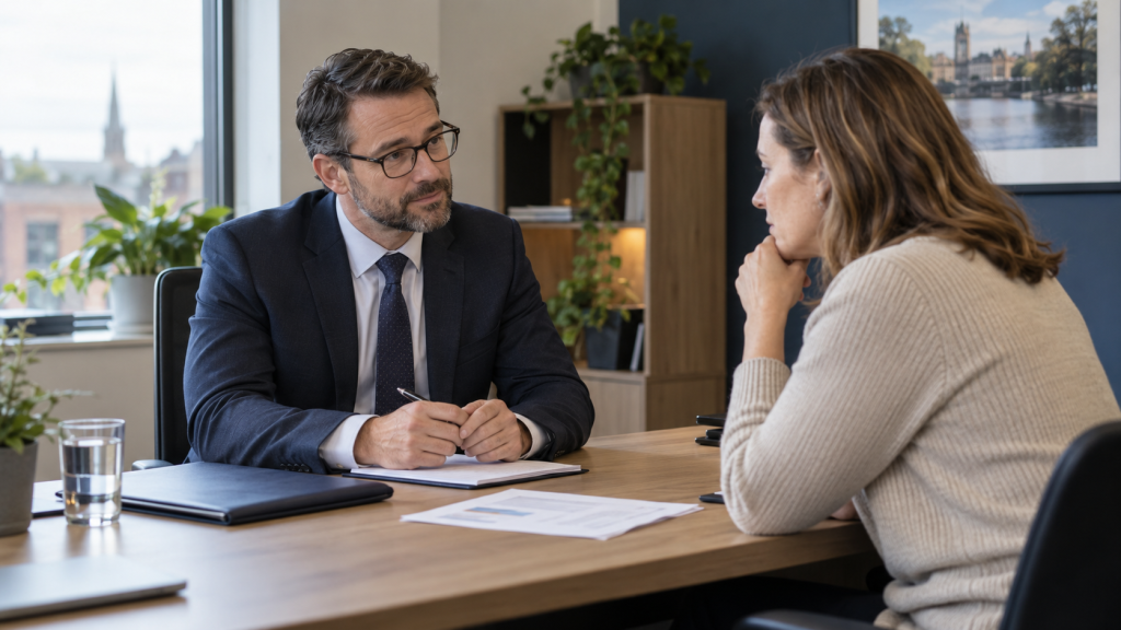 Supportive UK accountant listening to a client with tax problems