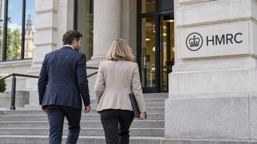 UK taxpayer preparing for an HMRC meeting with financial records and professional representation options