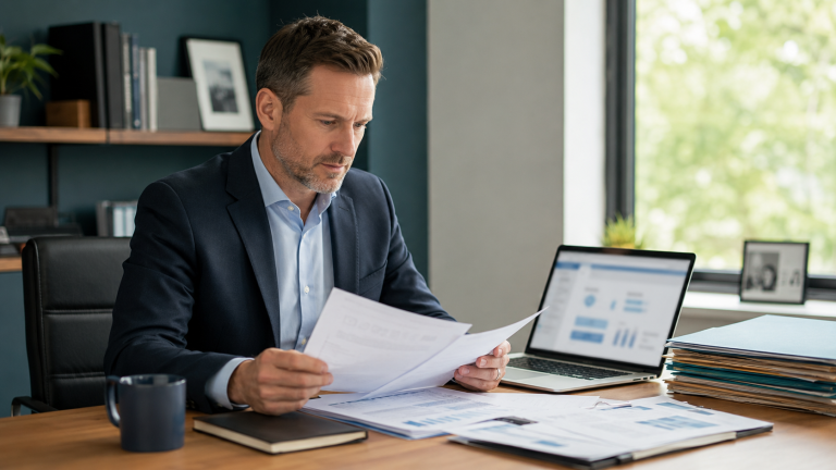 UK tax adviser reviewing evidence for an HMRC tax investigation Image title: