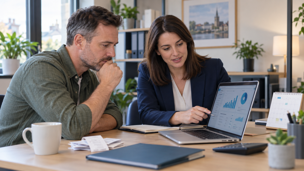 UK sole trader reviewing a missed Making Tax Digital quarterly update with an accountant
