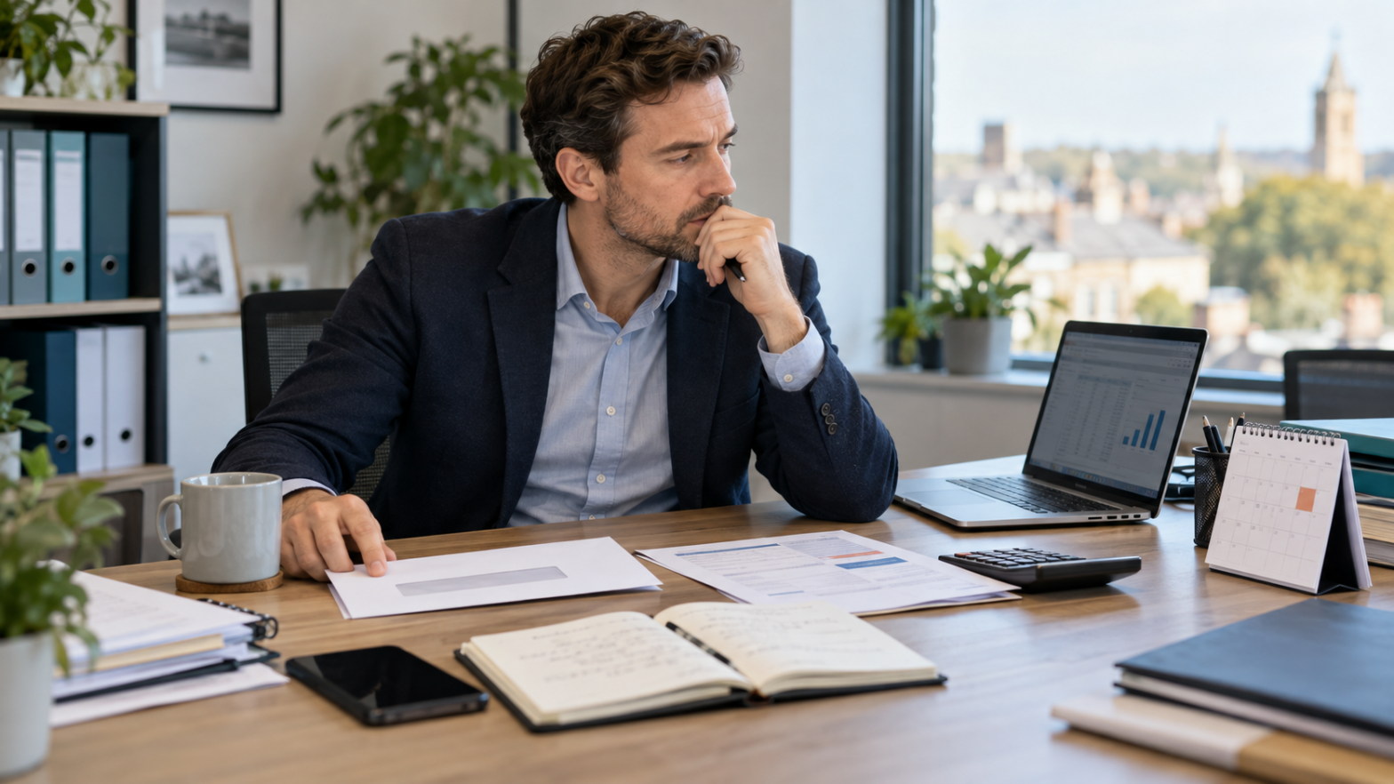 UK company director reviewing overdue accounting tasks, tax deadlines and business financial records