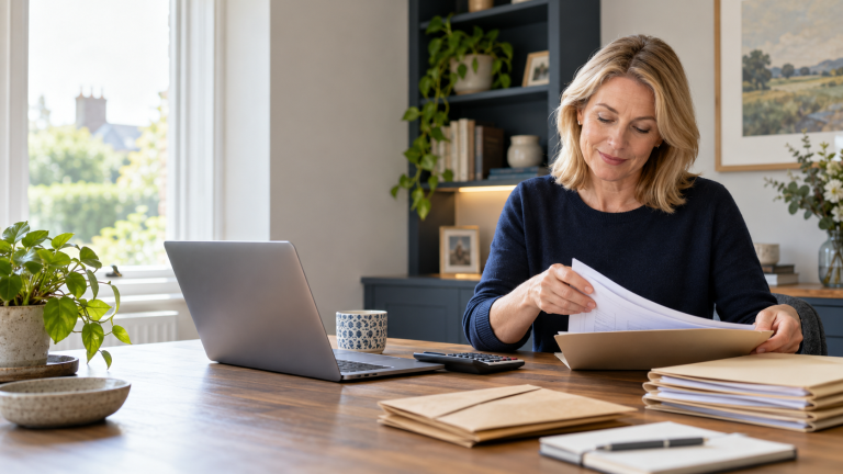 Person organising several years of tax records before seeking professional help